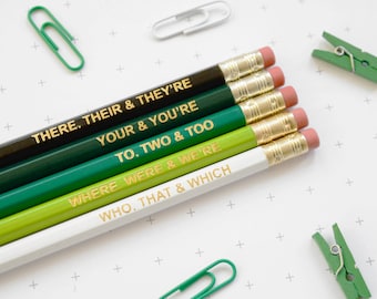 GREEN GRAMMAR PENCILS Stocking Stuffer Ombre Coloured Pencil Set Gift for School English Teacher Graduation Present Colourful Retro Hex Gold