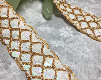 Vintage White Sequence and Gold Cording 1" Wide Fabric Lace Trim - Price Per 5 Yards