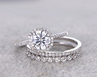 3pc brilliant Moissanite Engagement ring set,14k White gold,7mm Cushion,Diamond wedding band,Promise Bridal Ring,Halo,Anniversary,bezel set