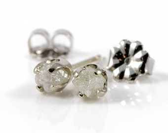 Rough Diamonds in 14K White Gold Earrings - Natural Unfinished Raw Stones - White Diamond Studs - Gold Post Earrings