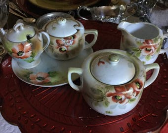 Antique Austria-HUB/Nippon-Red Poppy Flower/Flowers-Green/Brown Gold Trim-Hand Painted Sugar Bowl & Creamer Set