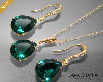 Emerald Green Crystal Jewelry Set Emerald Gold Earrings&Necklace Set Swarovski Emerald Rhinestone Jewelry Set Wedding Green Jewelry Sets