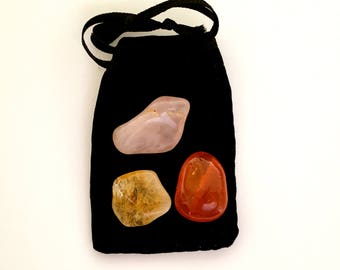 SELF CONFIDENCE CRYSTALS-Rose Quartz,Carnelian,Citrine-Stones for Self-Esteem,Self-Belief,Job Interviews,Success,Heal Chakras, Velveteen Bag