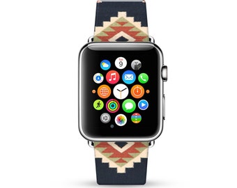 Navajo pattern Apple Watch Band 38mm, 42mm for Series 1, 2 & Series 3, Apple Watch Strap genuine Calf Leather Wrist Band with Metal Adapter