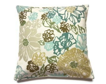 Decorative Pillow Cover Teal Turquoise Blue Olive Green Brown Same Fabric Front/Back Modern Floral Throw Accent Cover 18 x18 x inchx