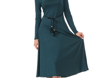 Long Sleeve A-Line Midi Dress with Braided Tassel Belt Hunter Green