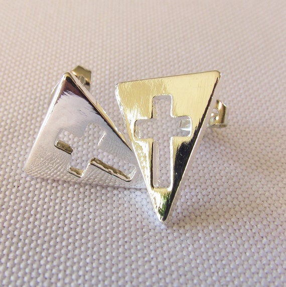 Tiny Silver or Gold Cross Earrings Cast Stud Triangle Modern Design Womans Girls Christian Jewelry - Saint Michaels Jewelry