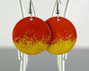 red & yellow large circle enamel earrings