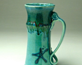 Huge Beer Stein, Big coffee mug, 32 oz stein, Aqua blue green, Runny drip glaze, large pottery mug, tall coffee mug, hand wheel thrown mug