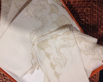 Six White Table Linen Napkins embroidered