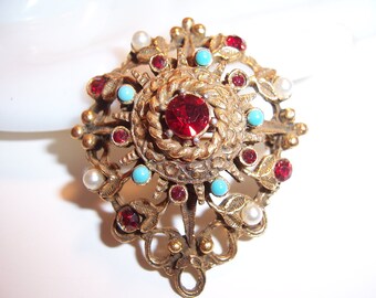 Vintage Faux Pearl, Rhinestone & Beaded Brooch Pin