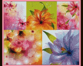 Multi Flower Cross Stitch Pattern - Color Chart - DMC Floss Chart - Nature and Blossoms Series - Just Print and Start Stitching!