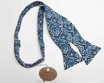 Freestyle Blue Batik Bow Tie - Blue Medallion Bow Tie - Navy Bow Tie - Men's Self-Tie Bow Tie - Blue Bow Tie - Blue Floral Bow Tie