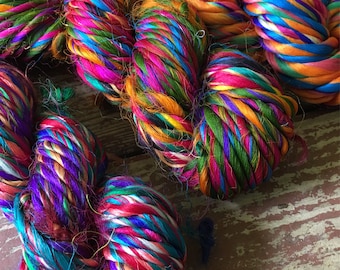 Recycled Thrum Silk Yarn, Multicolor, Super Bulky, Handspun, 3.5 oz / 100 grams, 35 yards, Upcycled, Knit, Crochet, Weave, Jewelry