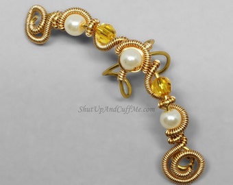 Gold Fairy Ear Cuff Glass Pearl Ear Cuff Topaz Swarovski Crystal Ear Cuff Fantasy Ear Cuff