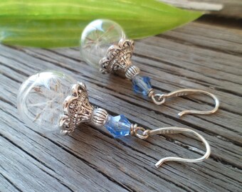 925 Silver Dandelion Earrings - Dandelion Earrings, Terrarium Earrings, Dandelion Seeds in Glass - Make a Wish!