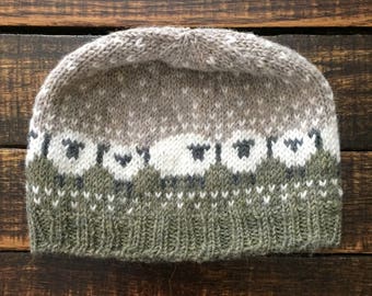 Sheepish Hat -- Alpaca Wool -- Green/White/Taupe -- Made to Order