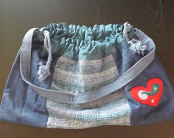 Handwoven Rag Bag with Drawstring & Hand Felted Heart Design Blue