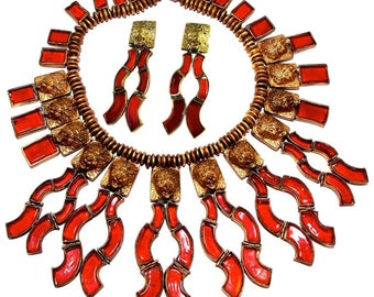 Chanel Lion Head Red Glass Fringe Collar Necklace with Long Earrings Set 60s Rare Couture