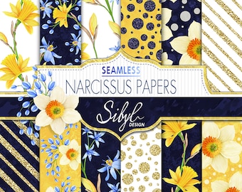 60% SALE, Floral Digital Papers, Handdrawn Floral Seamless Pattern, Narcissus Flowers Pattern, Digital Spring Flowers, Squill Flower Paper