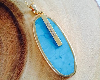 Gold dipped Turquoise Necklace, Personalized vertical bar necklace, Turquoise slice Gemstone pendant, Customized Name, December birthstone.