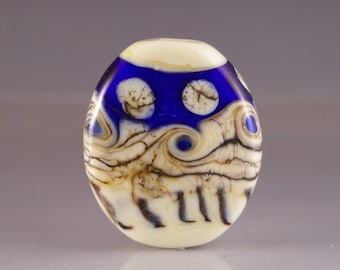 Lampwork Glass Focal Bead - tab bead in blue, white and gold