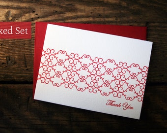 SALE - Set of 6 - Letterpress Printed Elegant Scroll Thank You Cards - Red
