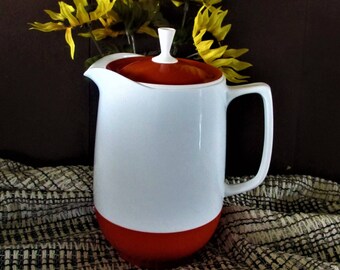 Thermos Pitcher Insulated Ware Vintage Plastic White and Orange Retro mid century 1970's