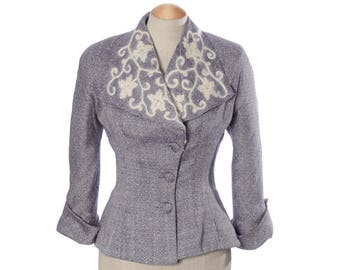 vintage 1950s jacket • nipped waist dramatic embroidered collar