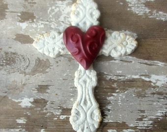 Shabby white cross 6 inch Cast iron cross with red heart wall hanging metal cross Christian Rustic romantic decor small cross N1