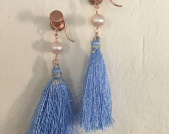 Blue Pearl Tassel Earrings