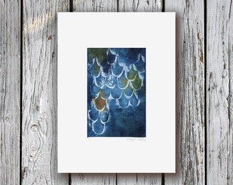 Exclusive Handmade Original Mermaid Fish Scale Mono Print | Fathers Day | Printmaking | Blue Scales | Bathroom | Dragon | Fishing | Snowtap