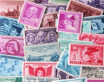 KOSTENLOSER VERSAND; 30 Vintage unbenutzt US-Briefmarken 1945-1949 für Porto, Basteln, Scrapbook-Seiten, Collagen, Mischtechnik.