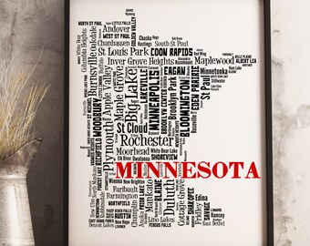 Minnesota Map Art, Minnesota Art Print, Minnesota City Map, Minnesota Typography Art, Minnesota Wall Decor, Minnesota Moving Gift