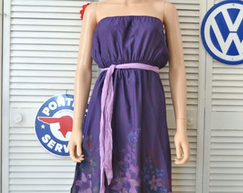 Vintage 70s Women's Strapless Sun Dress Beach Cover/Dark Purple Tropical Floral Print/Elastic Bodice & Waist/Theater Costume Medium as is