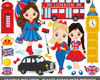 London Clipart - Vector London Clipart, Girls Clipart, Big Ben Clipart, Kids Clipart, Phone Booth Clipart, British Clipart, London Clip Art