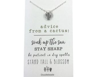 cactus necklace, succulent jewelry, matte gold or silver small stamped cactus charm necklace, carded advice from a cactus, everyday necklace