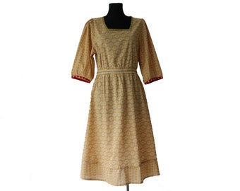 GUDRUN SJODEN Cotton Dress Mustard Red White Womens Oversized Dress Peasant Style Dress Size M
