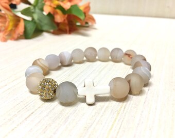 Beaded Bracelet - Cross Bracelet - Stone Bracelet - Stackable Bracelet - Quartz Bracelet - Elastic Band - Faith Bracelet - Boho Bracelet