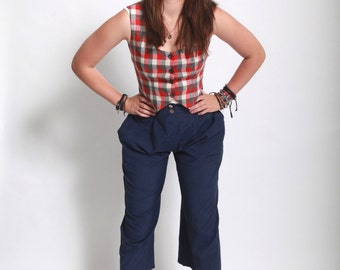 Vintage 1980s high waist wide leg navy blue nautical pants small