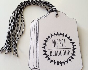 Merci Beaucoup gift tags, black and white thank you tags, favor tags
