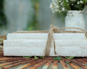 SET OF 5 Stacks of 3 Vintage Unbound Books Painted White Wrapped in Twine, Book Centerpiece, Rustic Wedding Centerpiece,White Book Stack