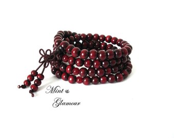 108 Mala Bead, Mala Bracelet, Buddhist Bracelet, Wood Bracelet, Mala Bead, Bead Bracelet, Red Bracelet, Buddhist Jewelry, Rosewood Mala Bead