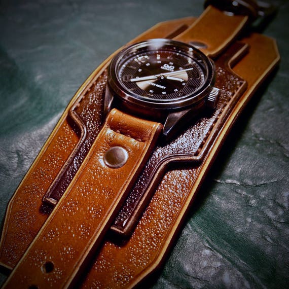 Leather cuff watch wrist watch vintage Nathan Drake style wide layered Custom made for YOU in USA by Freddie Matara