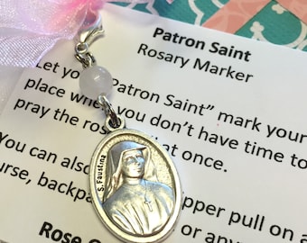Saint Faustina Rosary Marker/Zipper Pull with Rose Quartz Stone