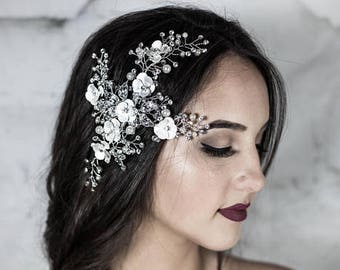 Silver Bridal Hair Comb with Pearls, Wedding Headpiece, Bridal Hair Accessories, Floral Hair Piece, Wreath Hair Combs,