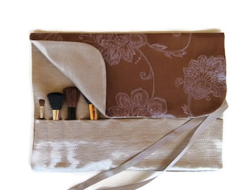 Makeup Brush Roll Purple Bronze and Silver Floral Roll up Beauty Gift