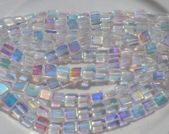 Clear AB 8mm Flat Square Czech Glass Beads 25