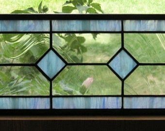 Geometric Transom Light blue and Clear--6.5" x 24"--Stained Glass Window Panel
