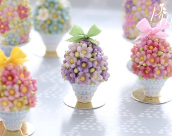 MTO-Spring Blossom Easter Egg in Shabby Chic Pot (Spring Green Bow - OOAK) - Miniature Food in 12th Scale for Dollhouse
